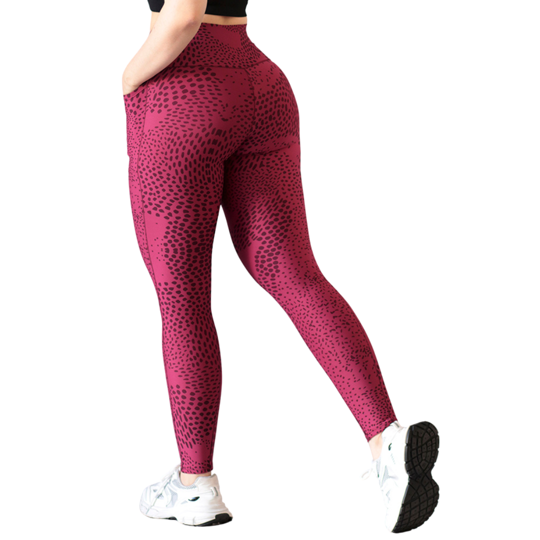 Leggings Deportivos para Mujer Fitness: Efecto Básico, Cintura Alta, Con Bolsillos Laterales, Textil Lycra Transpirable con Acabado Liso, Color Escarlata  | Adriana Olimpo