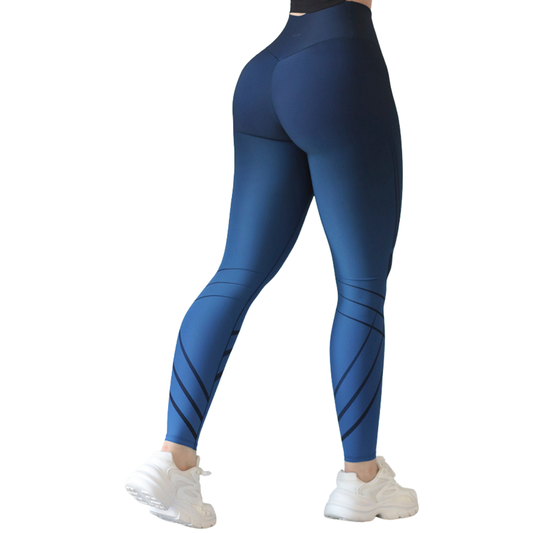 Leggings deportivos supplex para mujer, efecto push up con cintura alta, textil lycra transpirable con acabado liso degradado. Color azul | Adriana Olimpo