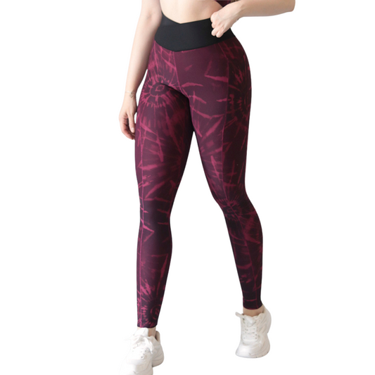 Leggings deportivos supplex para mujer, efecto básico con cintura alta, textil lycra transpirable con acabado liso tie day. Color vino | Adriana Olimpo