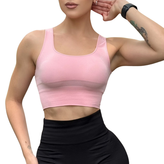 Top para Mujer Fitness: Efecto Alto Impacto Con Copas,  Ajuste Perfecto, Textil Liso, Transpirable, Color salmón | Adriana Olimpo