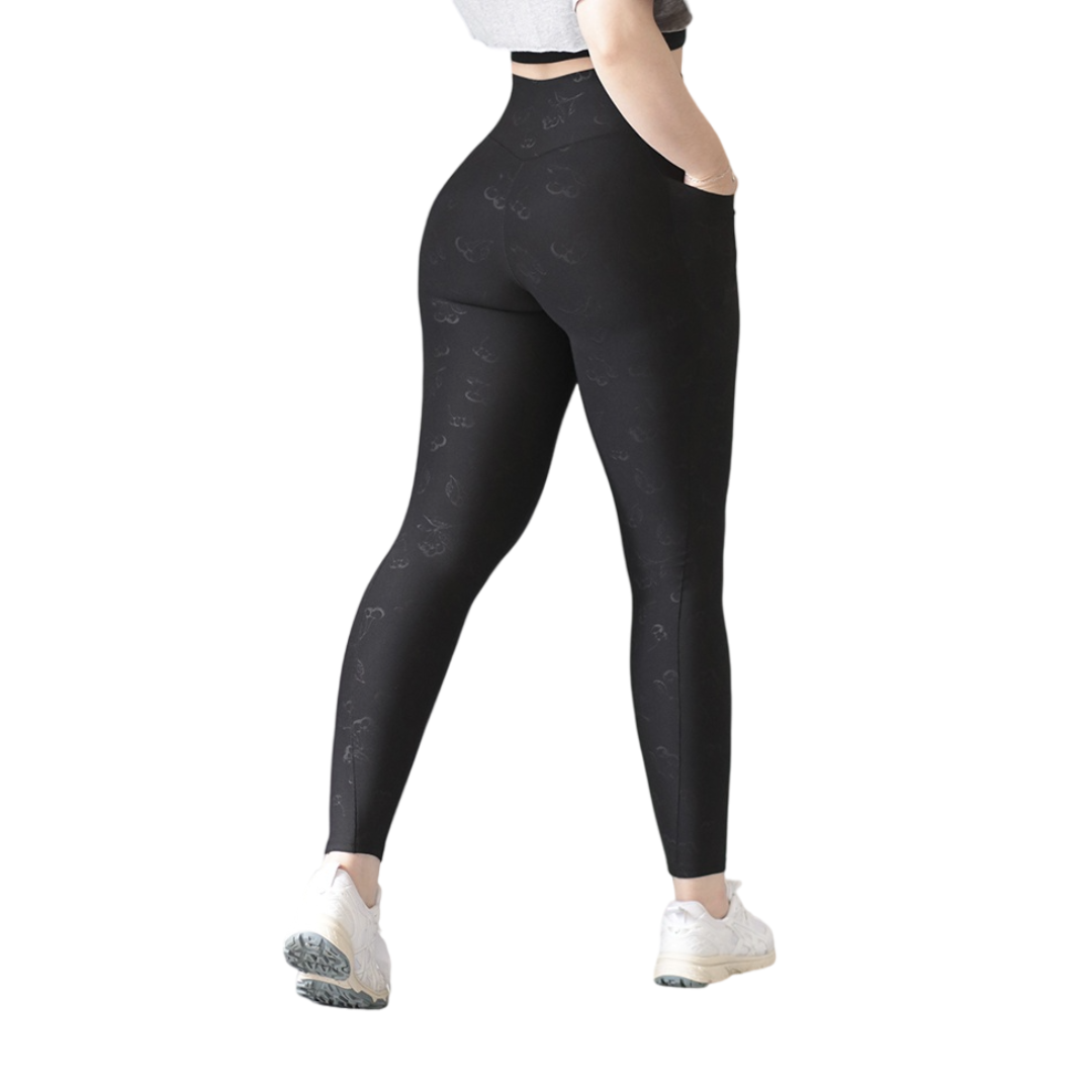 Leggings básico con bolsillos | Supplex Stretch, Relieves Flora - Negra