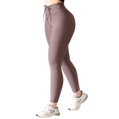 Leggings Deportivos para Mujer Fitness: Efecto Básico, Cintura Alta Plizado, Textil Lycra Transpirable con Acabado Liso, Color Café Rosy | Adriana Olimpo