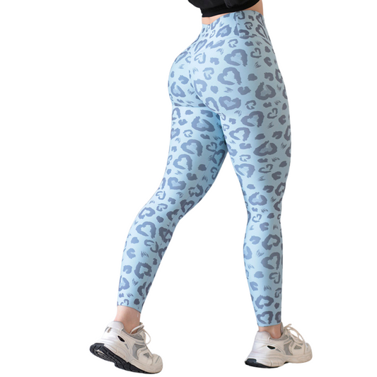 Leggings Deportivos para Mujer Fitness: Efecto Push Up, Cintura Alta, Textil Lycra Transpirable con Acabado Liso Corazón Print, Color Azul Cielo | Adriana Olimpo