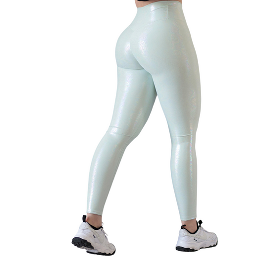 Leggings Deportivos para Mujer Fitness:  Efecto Push Up, Cintura Alta, Textil Lycra Transpirable con Destellos Reflectantes✨ y Relieves Tornasol, Color Aqua | Adriana Olimpo