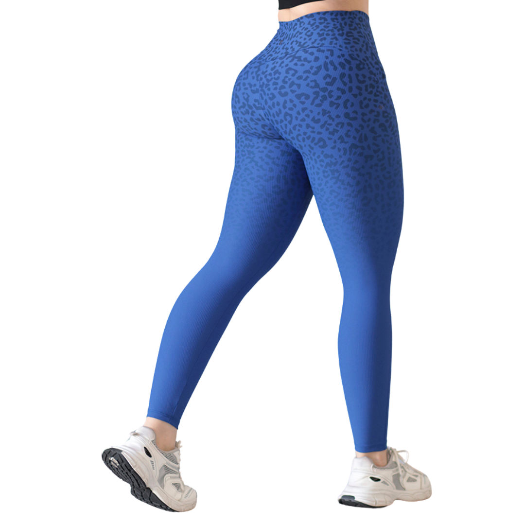 Leggings Deportivos para Mujer Fitness: Efecto Básico, Cintura Alta, Textil Lycra Transpirable con Acabado Texturizado de Relieves, Color Azul Degradado Print | Adriana Olimpo
