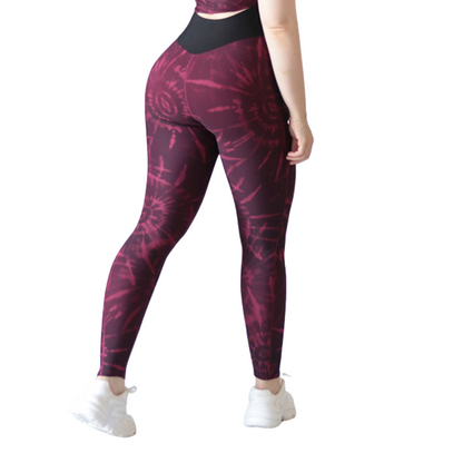 Leggings deportivos supplex para mujer, efecto básico con cintura alta, textil lycra transpirable con acabado liso tie day. Color vino | Adriana Olimpo