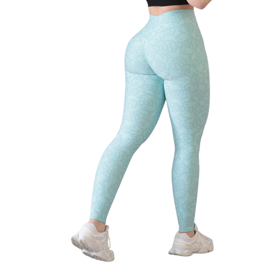 Leggings Deportivos para Mujer Fitness: Efecto Push Up, Cintura Alta, Textil Lycra Transpirable con Acabado Liso Flores, Color Azul Bebé | Adriana Olimpo