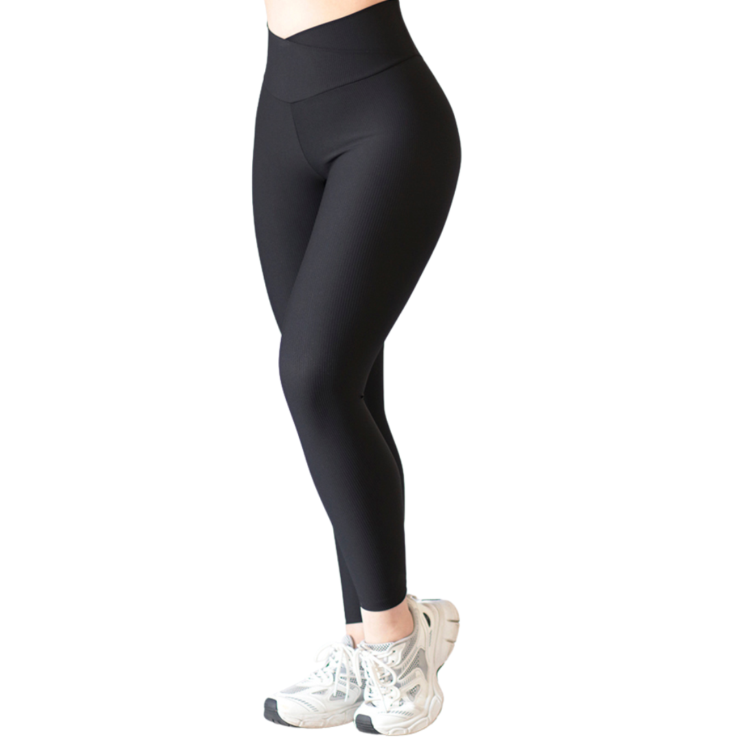 Leggings Deportivos para Mujer Fitness:  Efecto Básico, Cintura Alta, Textil Lycra Transpirable con Relieves de Lineas, Color Negro  | Adriana Olimpo