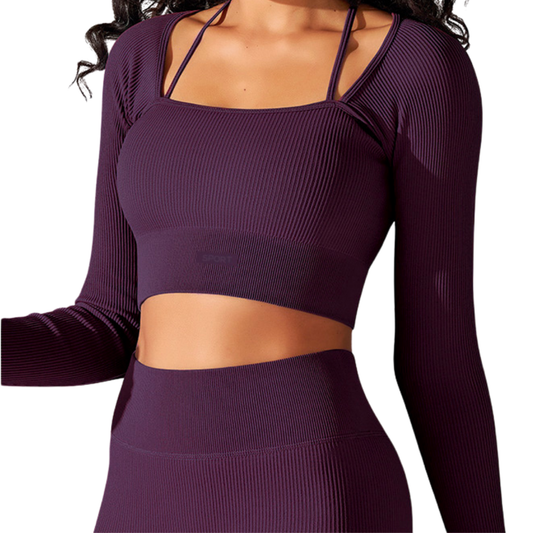 Blusa para Mujer Fitness: Manga Larga, Cuello Cuadrado, Textil Lycra Transpirable Acabado Tejido, Color Mora | Adriana Olimpo