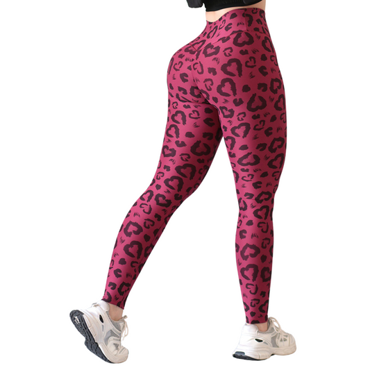 Leggings Deportivos para Mujer Fitness: Efecto Push Up, Cintura Alta, Textil Lycra Transpirable con Acabado Liso Corazón Print, Color Magenta | Adriana Olimpo