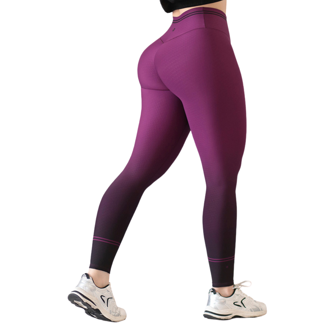 Leggings Deportivos para Mujer Fitness:  Efecto Push Up, Cintura Alta, Textil Lycra Transpirable con Relieves de Y, Color Morado Degradado Negro | Adriana Olimpo