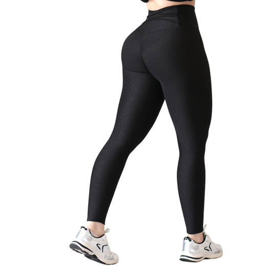Leggings Deportivos para Mujer Fitness:  Efecto Push Up, Cintura Alta, Textil Lycra Transpirable con Destellos Reflectantes✨ y Relieves Estelar, Color Negro | Adriana Olimpo
