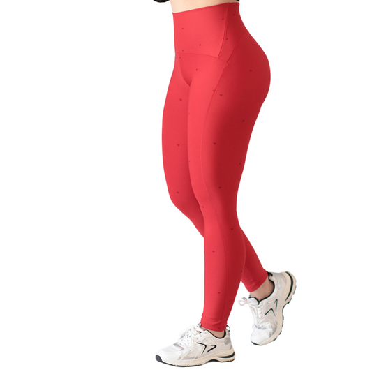 Leggings Deportivos para Mujer Fitness: Efecto Básico, Cintura Alta, Textil Lycra Transpirable con Acabado Liso Corazoncito, Color Rojo | Adriana Olimpo