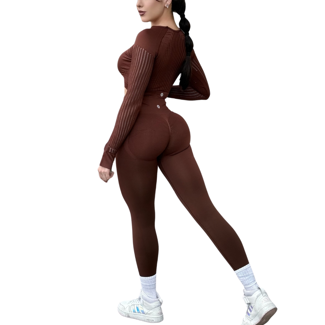 Conjunto Deportivos para Mujer Fitness: Efecto Push Up Ajuste Perfecto, Textil Tejido Transpirable Seamless, Color Nutella | Adriana Olimpo