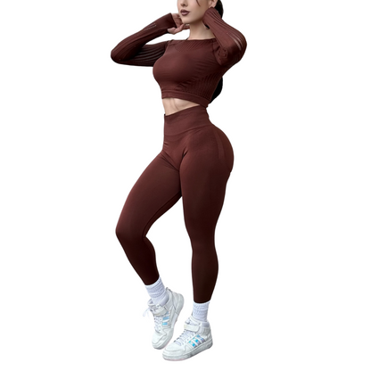Conjunto Deportivos para Mujer Fitness: Efecto Push Up Ajuste Perfecto, Textil Tejido Transpirable Seamless, Color Nutella | Adriana Olimpo