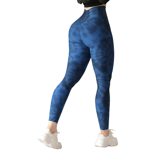 Leggings deportivos supplex para mujer, efecto push up con cintura alta, textil lycra transpirable con acabado liso tie day. Color Azul | Adriana Olimpo