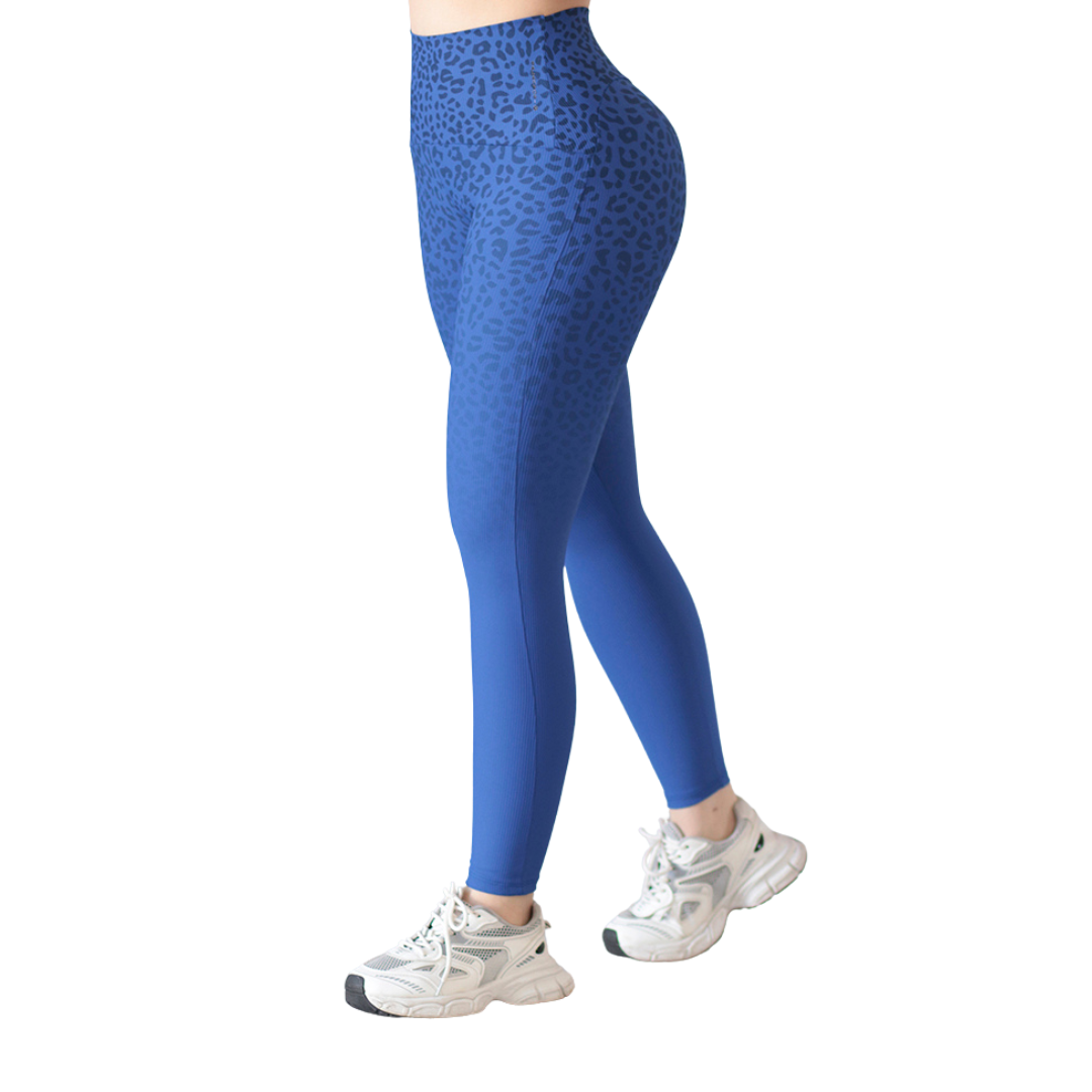 Leggings Deportivos para Mujer Fitness: Efecto Básico, Cintura Alta, Textil Lycra Transpirable con Acabado Texturizado de Relieves, Color Azul Degradado Print | Adriana Olimpo