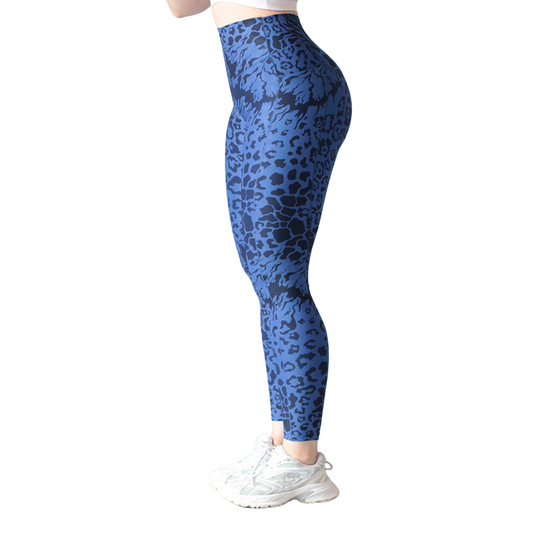 Leggings deportivos Suplex para mujer, efecto básico con cintura alta, bolsillos laterales y textil lycra transpirable con acabado liso print. Color azul | Adriana Olimpo