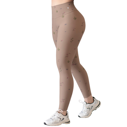 Leggings Deportivos para Mujer Fitness:  Efecto Básico, Cintura Alta, Textil Lycra Transpirable con Relieves Lineas, Color Café Florecitas  | Adriana Olimpo