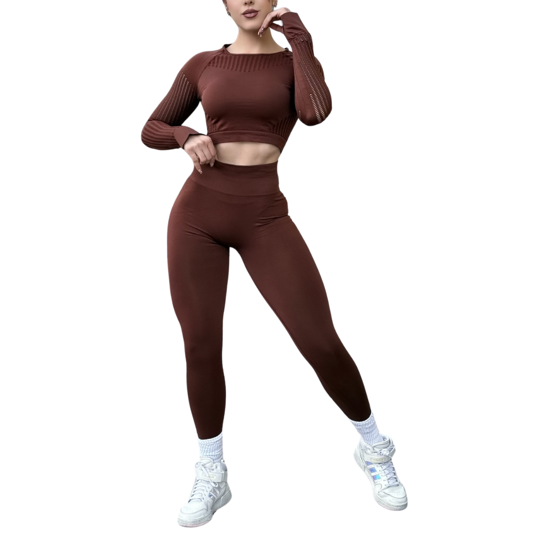 Conjunto Deportivos para Mujer Fitness: Efecto Push Up Ajuste Perfecto, Textil Tejido Transpirable Seamless, Color Nutella | Adriana Olimpo