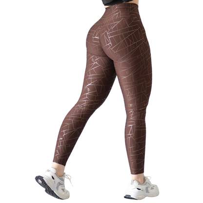 Leggings Deportivos para Mujer Fitness:  Efecto Push Up, Cintura Alta, Textil Lycra Transpirable con Destellos Reflectantes✨ y Relieves Geometrico, Color Chocolate | Adriana Olimpo