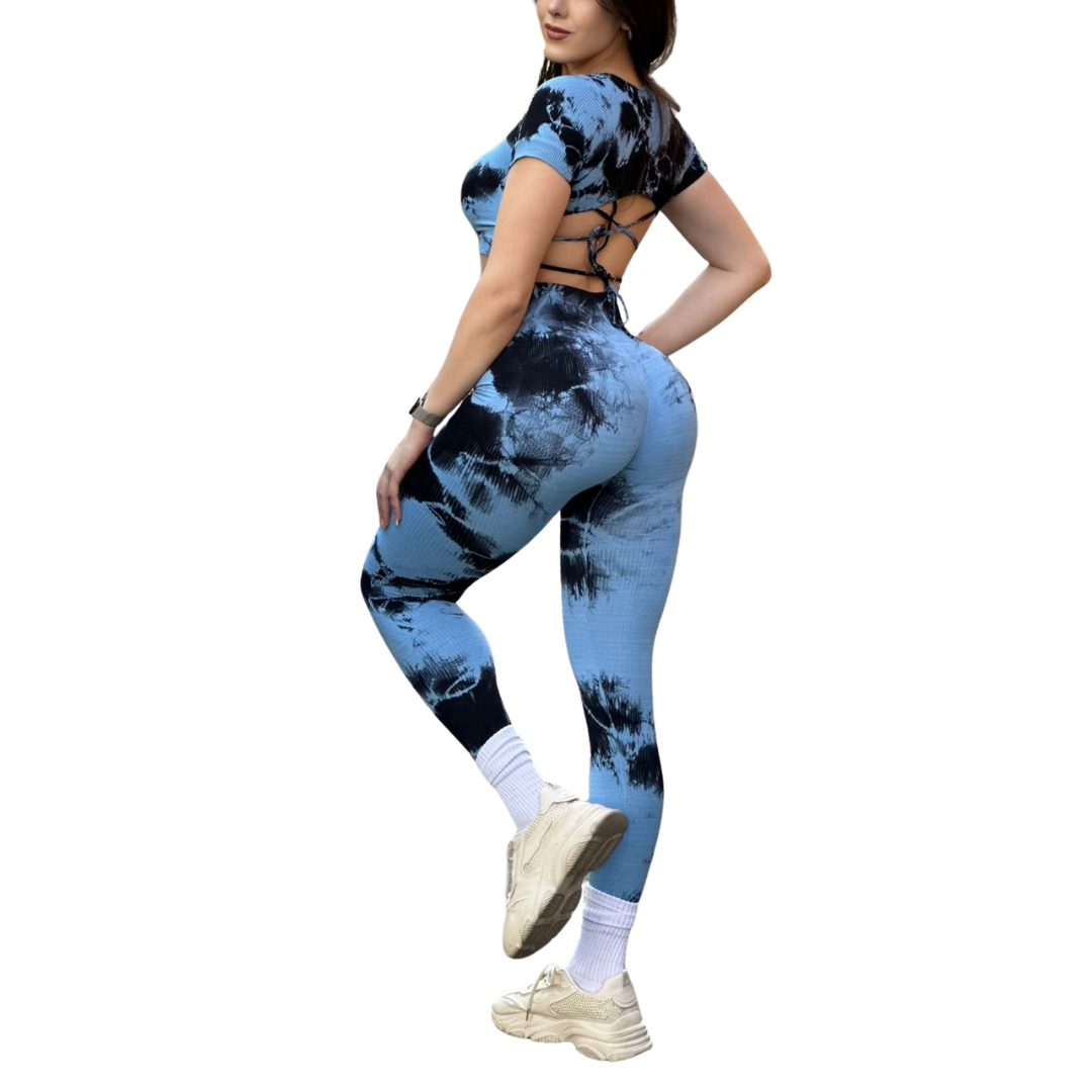 Conjunto Deportivo para Mujer Fitness: Top Manga Corta, Espalda Descubierta,  Efecto Push Up, Textil Tejido, Transpirable con Relieve de Lineas, Tie Day | Adriana Olimpo