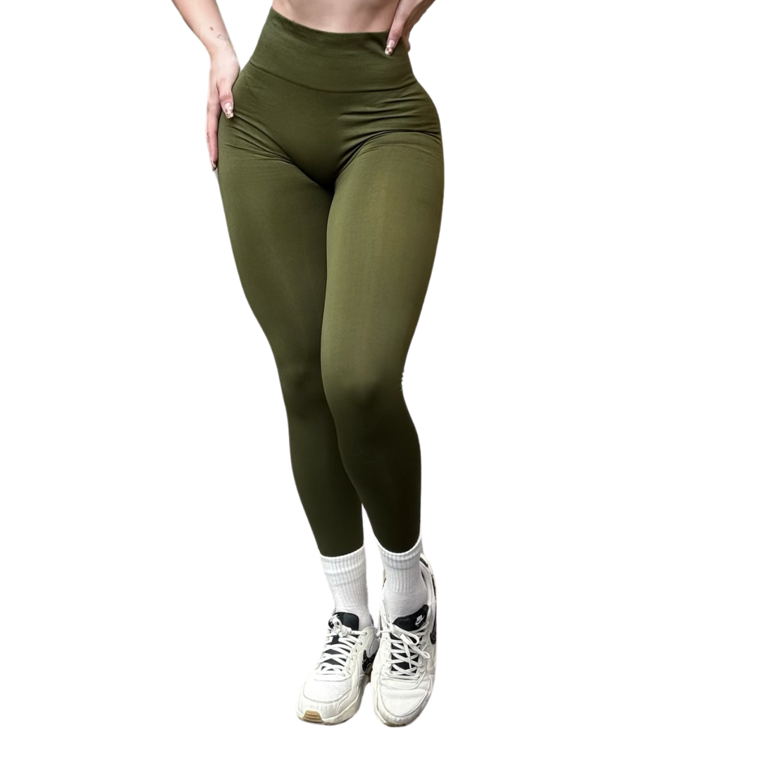 Leggings Deportivos para Mujer Fitness: Seamless Efecto Push Up y Burbuja, Cintura Alta, Textil Tejido Liso Suave Transpirable , Color Verde Army | Adriana Olimpo