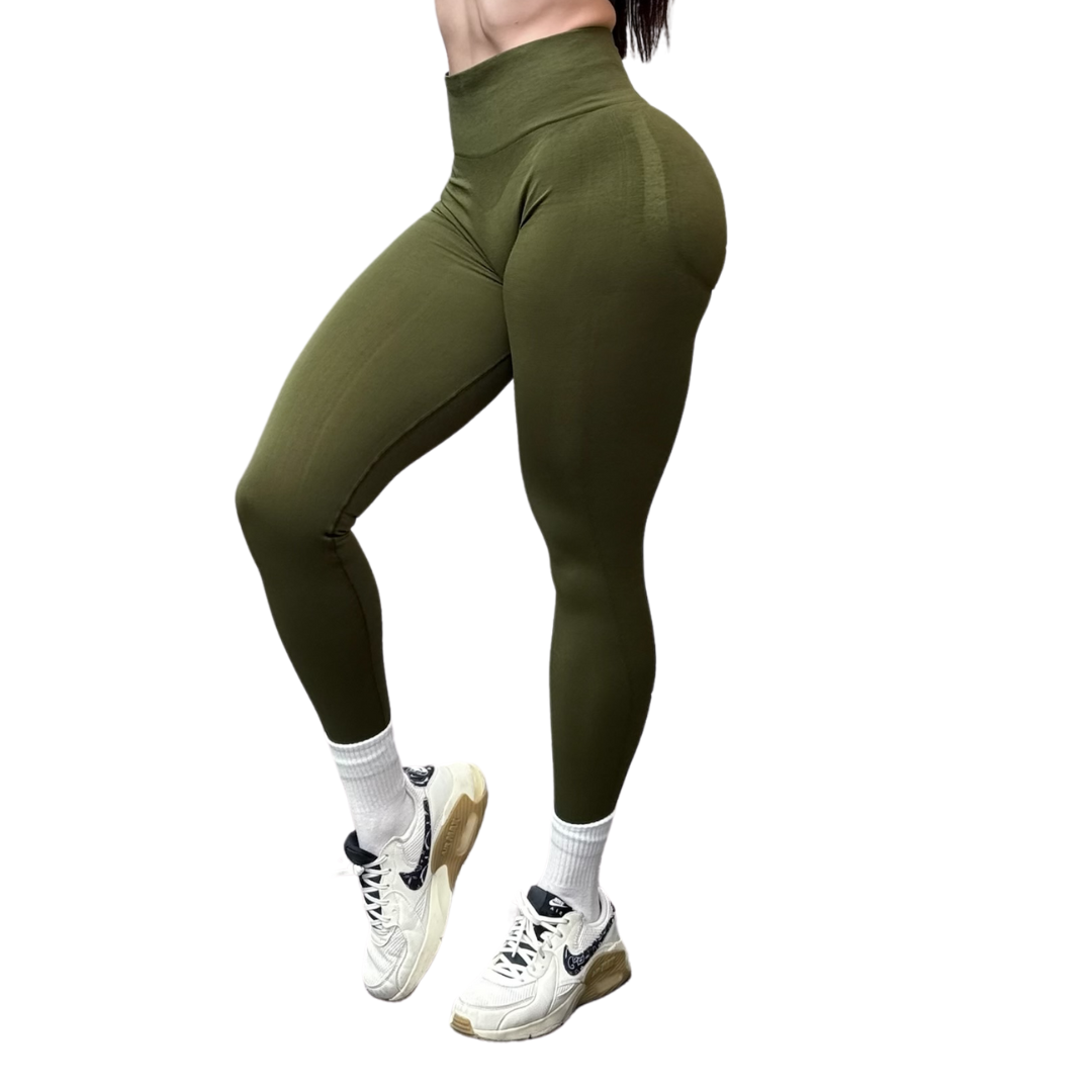 Leggings Deportivos para Mujer Fitness: Seamless Efecto Push Up y Burbuja, Cintura Alta, Textil Tejido Liso Suave Transpirable , Color Verde Army | Adriana Olimpo