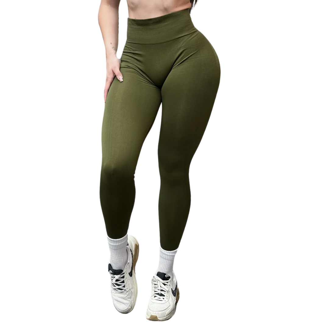Leggings Deportivos para Mujer Fitness: Seamless Efecto Push Up y Burbuja, Cintura Alta, Textil Tejido Liso Suave Transpirable , Color Verde Army | Adriana Olimpo