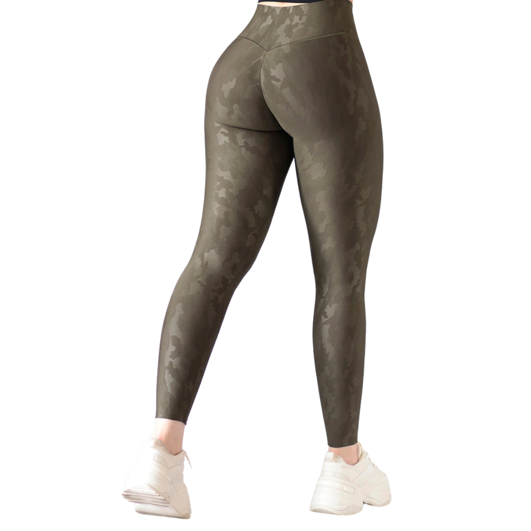 Leggings Deportivos para Mujer Fitness:  Efecto Push Up, Cintura Alta, Textil Lycra Transpirable con Relieves de Army, Color Verde Olivo | Adriana Olimpo