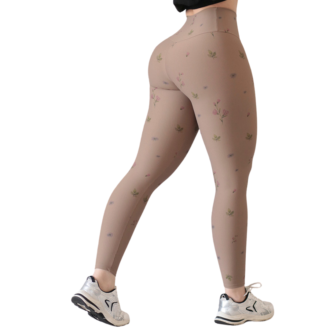 Leggings Deportivos para Mujer Fitness:  Efecto Básico, Cintura Alta, Textil Lycra Transpirable con Relieves Lineas, Color Café Florecitas  | Adriana Olimpo