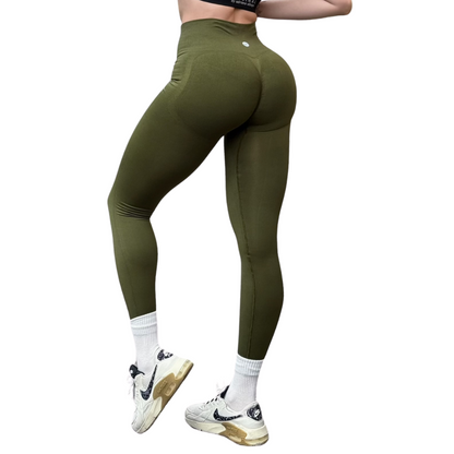 Leggings Deportivos para Mujer Fitness: Seamless Efecto Push Up y Burbuja, Cintura Alta, Textil Tejido Liso Suave Transpirable , Color Verde Army | Adriana Olimpo