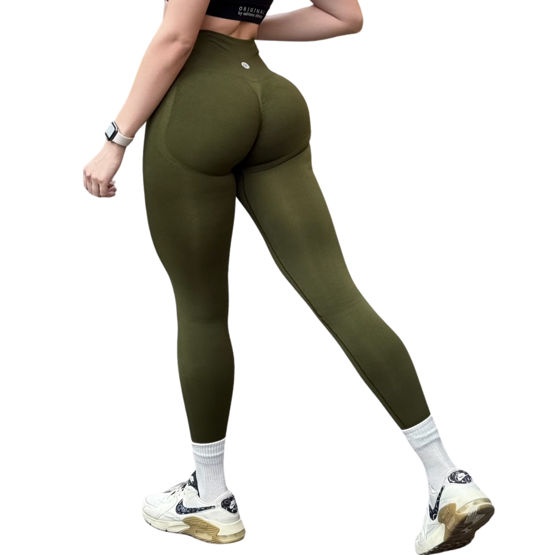 Leggings Deportivos para Mujer Fitness: Seamless Efecto Push Up y Burbuja, Cintura Alta, Textil Tejido Liso Suave Transpirable , Color Verde Army | Adriana Olimpo