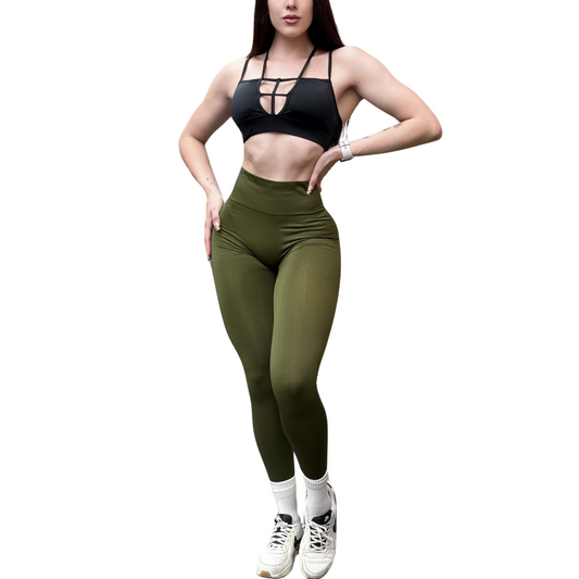 Leggings Deportivos para Mujer Fitness: Seamless Efecto Push Up y Burbuja, Cintura Alta, Textil Tejido Liso Suave Transpirable , Color Verde Army | Adriana Olimpo
