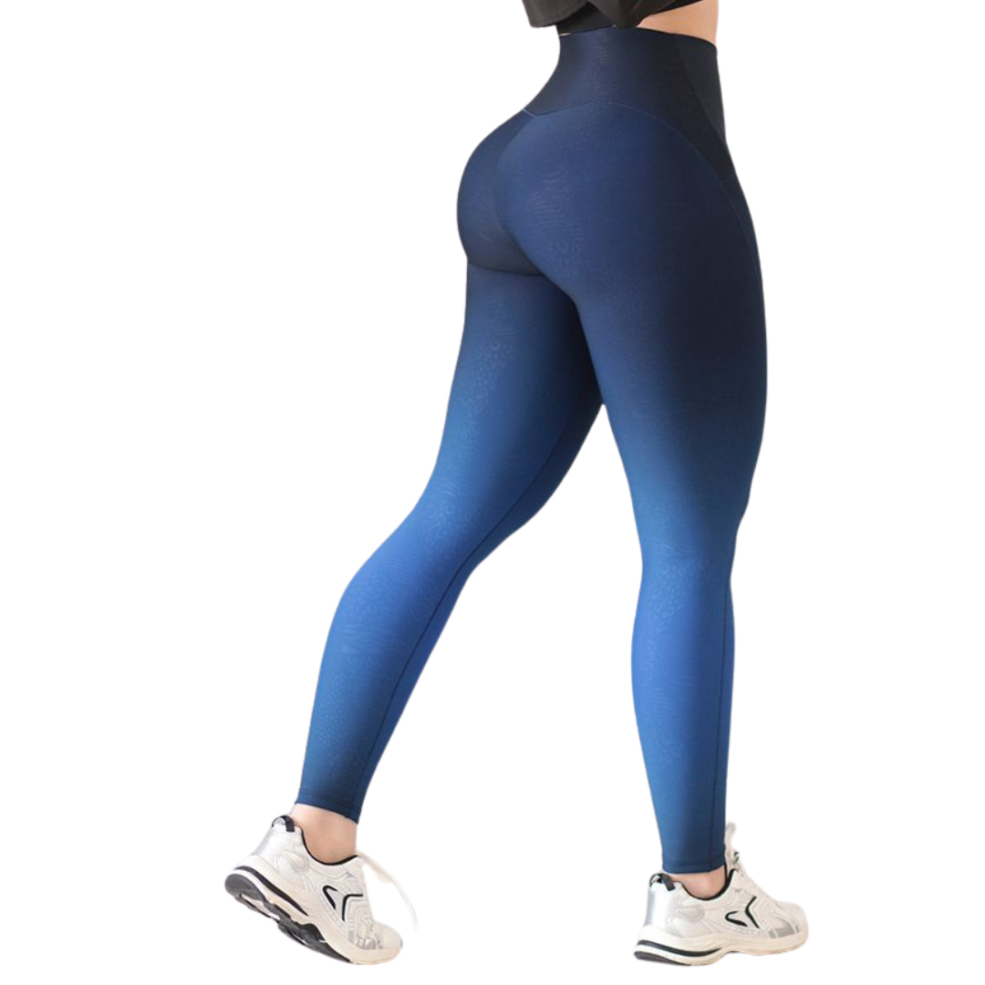 Leggings Deportivos para Mujer Fitness:  Efecto Básico, Cintura Alta, Textil Lycra Transpirable con Relieves Print Degradado, Color Azul  | Adriana Olimpo