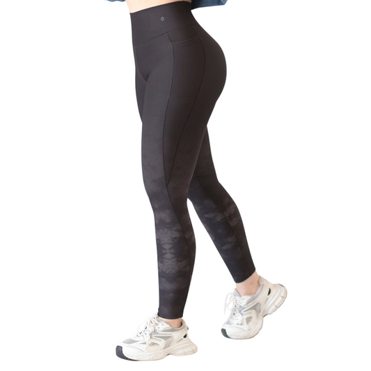Leggings Deportivos para Mujer Fitness: Efecto Básico, Cintura Alta, Con Bolsillos Laterales, Textil Lycra Transpirable acabado Liso Tie-Dye, Color Negrocon Gris | Adriana Olimpo
