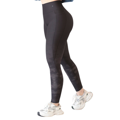 Leggings Deportivos para Mujer Fitness: Efecto Básico, Cintura Alta, Con Bolsillos Laterales, Textil Lycra Transpirable acabado Liso Tie-Dye, Color Negrocon Gris | Adriana Olimpo
