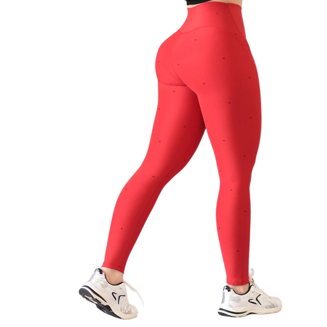 Leggings Deportivos para Mujer Fitness: Efecto Básico, Cintura Alta, Textil Lycra Transpirable con Acabado Liso Corazoncito, Color Rojo | Adriana Olimpo