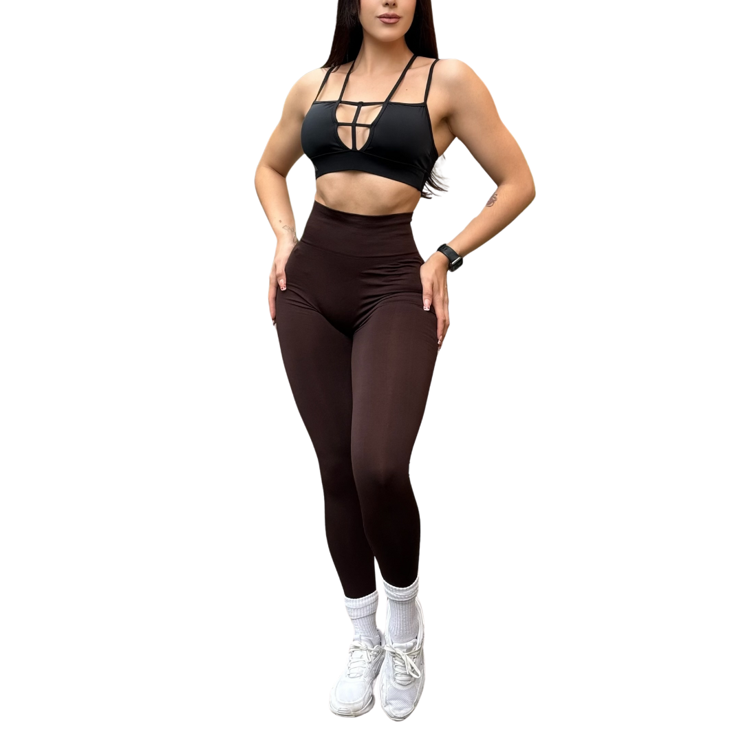 Leggings Deportivos para Mujer Fitness: Seamless Efecto Push Up y Burbuja, Cintura Alta, Textil Tejido Liso Suave Transpirable , Color Brownie-Cacao | Adriana Olimpo