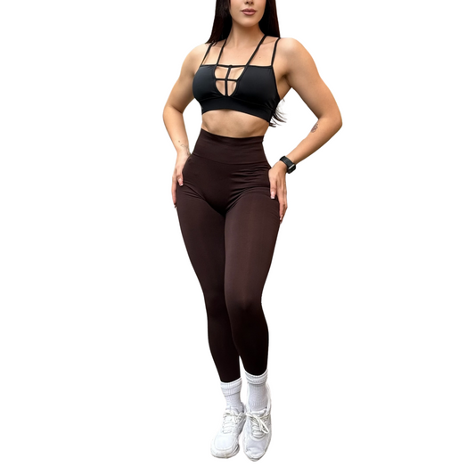 Leggings Deportivos para Mujer Fitness: Seamless Efecto Push Up y Burbuja, Cintura Alta, Textil Tejido Liso Suave Transpirable , Color Brownie-Cacao | Adriana Olimpo