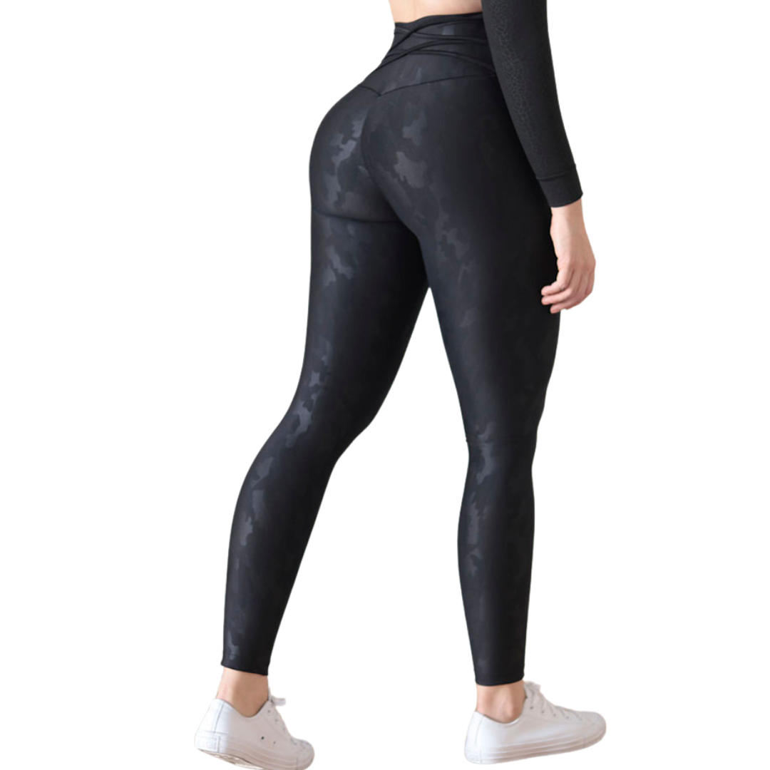 Leggings Deportivos para Mujer Fitness: Efecto Push Up, Cintura Alta, Textil Lycra Transpirable Texturizado con Relieves de Army, Color Negro | Adriana Olimpo