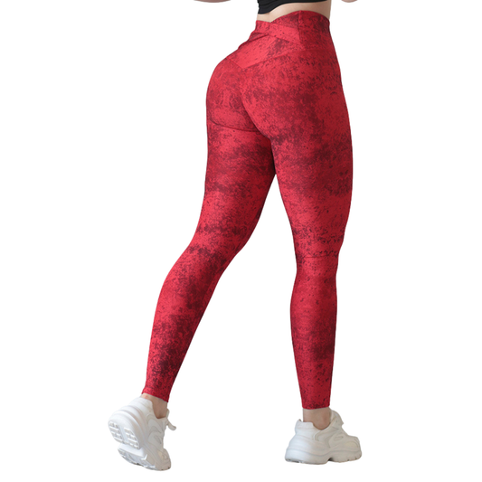 Leggings deportivos supplex para mujer, efecto push up con cintura alta, textil lycra transpirable con acabado liso tie dye. Color rojo| Adriana Olimpo