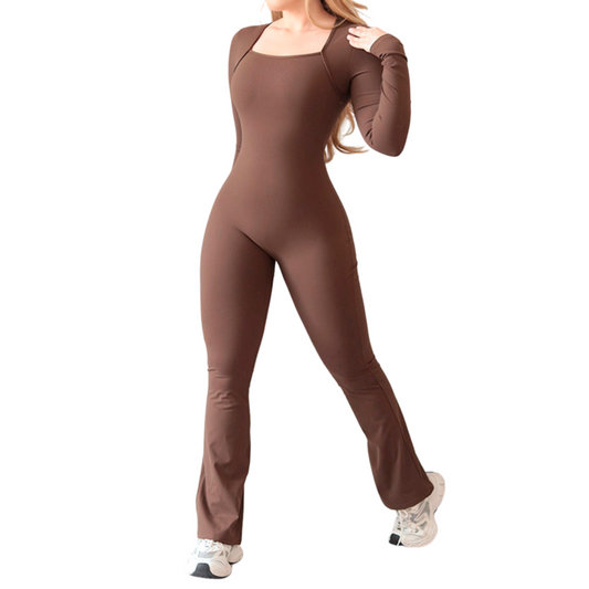 Enterizo Deportivo para Mujer Fitness: Manga Larga, Efecto Basico, Transpirable Textil Lycra Acabado Liso, Color Café | Adriana Olimpo