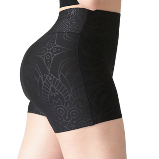 Short deportivos para mujer, efecto básico con cintura alta, textil lycra transpirable con relieves de mandalas. Color negro | Adriana Olimpo