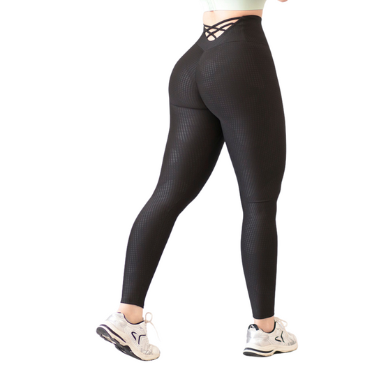 Leggings Deportivos para Mujer Fitness:  Efecto Push Up, Cintura Alta, Textil Lycra Transpirable con Relieves Camu bolitas, Color Negro | Adriana Olimpo