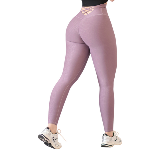 Leggings Deportivos para Mujer Fitness:  Efecto Push Up, Cintura Alta, Textil Lycra Transpirable con Destellos y Relieves de Hoops, Color Lila Rubor | Adriana Olimpo