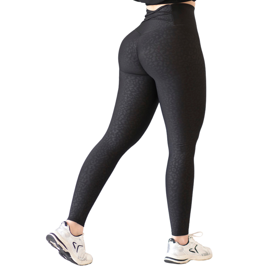 Leggings Deportivos para Mujer Fitness:  Efecto Push Up, Cintura Alta, Textil Lycra Transpirable con Relieves Felinos, Color Negro | Adriana Olimpo