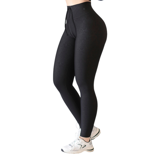 Leggings Deportivos para Mujer Fitness:  Efecto Push Up, Cintura Alta, Textil Lycra Transpirable con Relieves Mandala Listón, Color Negro | Adriana Olimpo