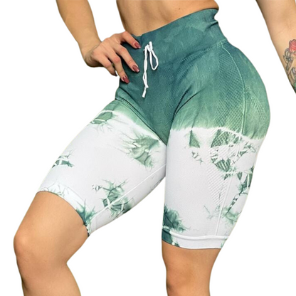 Short Biker Deportivos para Mujer Fitness: Efecto Push Up, Cintura Alta, Textil Lycra Transpirable Acabado Scrunch, Verde Tie Dye | Adriana Olimpo